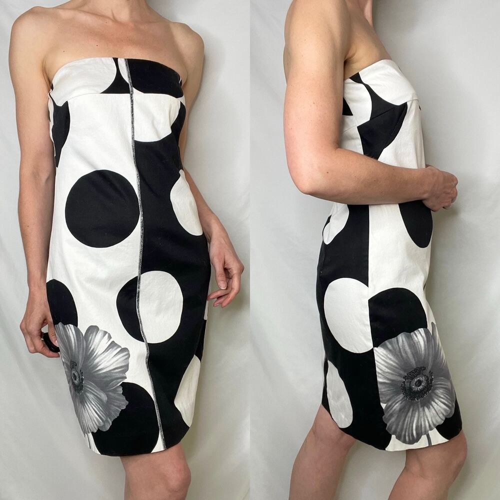 Cache strapless polka dot flower mini dress white black floral‎ vintage Y2K 4 - Picture 14 of 16